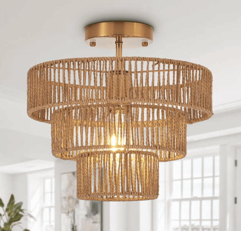 YOMECOO Hand-Woven Rattan Semi Flush Mount Ceiling Light Fixture