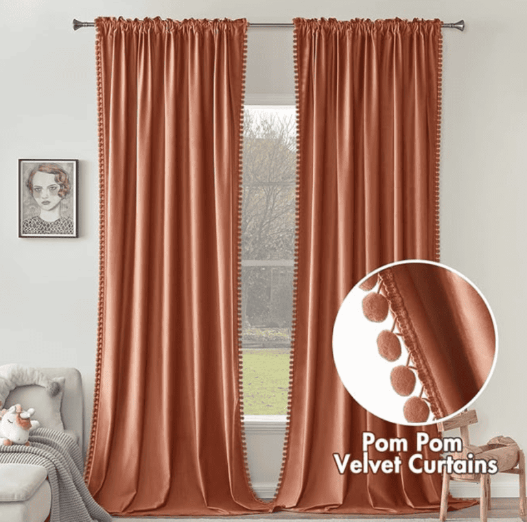 Fall Burnt Orange Pom Pom Velvet Curtains for Bedroom