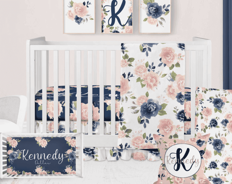 Pink and Navy Blue Baby Girl Crib Bedding Set