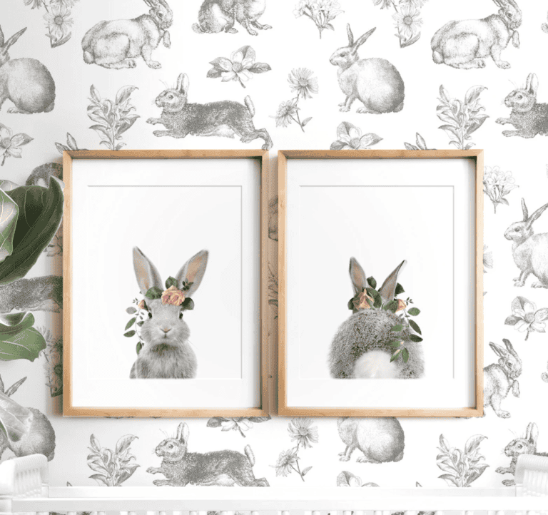 Set of 2 rabbit prints with flower crown, PRINTABLE wall art